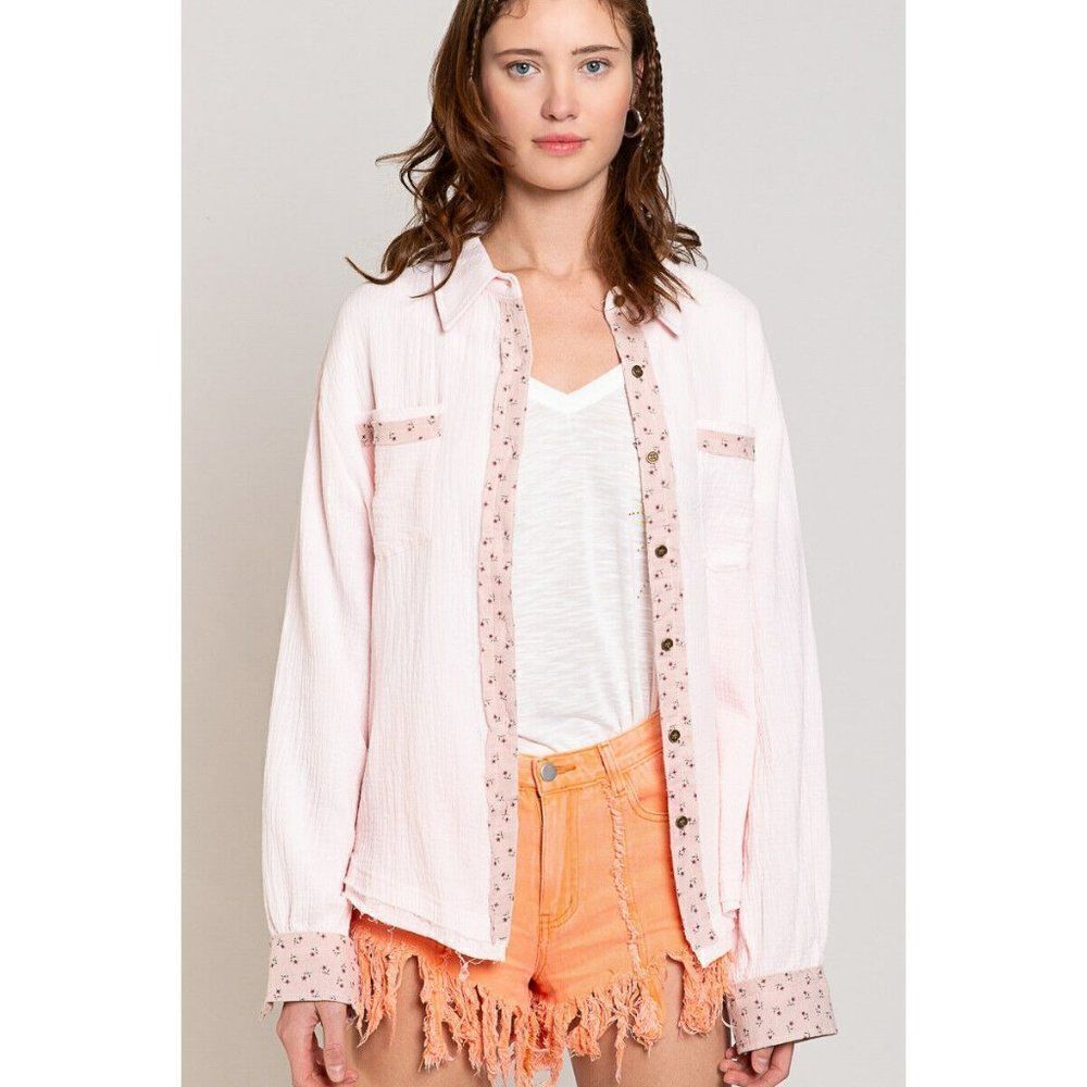 POL CLOTHING PINK GAUZE SHACKET WOMEN BEACH COVER UP SUMMER FLORAL TRIM SMT1970